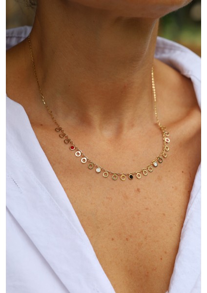 14 Ayar Altın Renkli Mineli Içi Boş Pullu Zincir Kolye