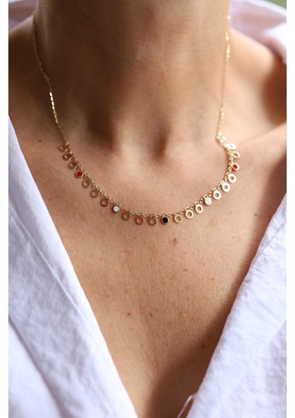 14 Ayar Altın Renkli Mineli Içi Boş Pullu Zincir Kolye fiyatları