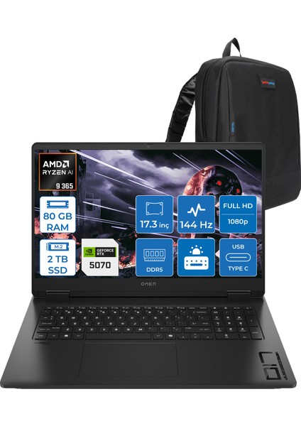 Omen 17-DB1003NT Amd Ryzen Aı 9 365 80GB Ddr5 2tb SSD RTX5070 8gb Gddr7 17.3 Inç Fullhd (1920 x 1080) 144Hz 7ms 300NITS IPS Freedos Taşınabilir Bilgisayar C67G1EAF39 + Zetta Çanta