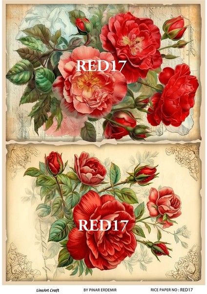 Red Serisi RED17 Kırmızı, Çiçek Desenli 30*42 cm Pirinç Dekopaj