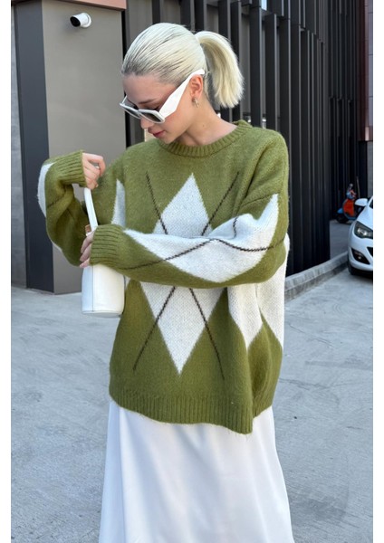 Yağ Yeşili Bisiklet Yaka Baklava Desen Kadın Kazak Mg2471