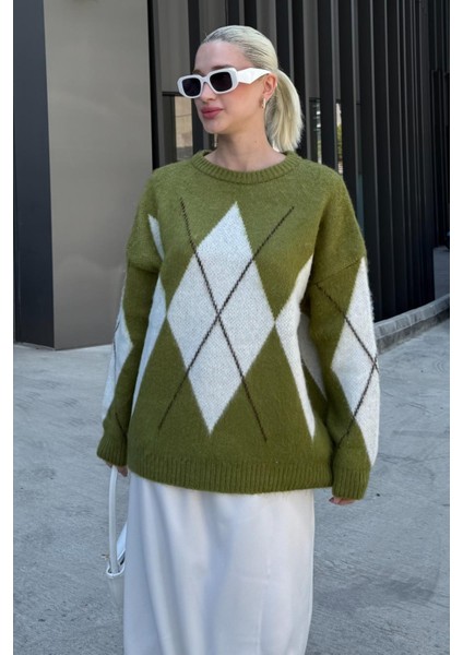 Yağ Yeşili Bisiklet Yaka Baklava Desen Kadın Kazak Mg2471 fiyatları