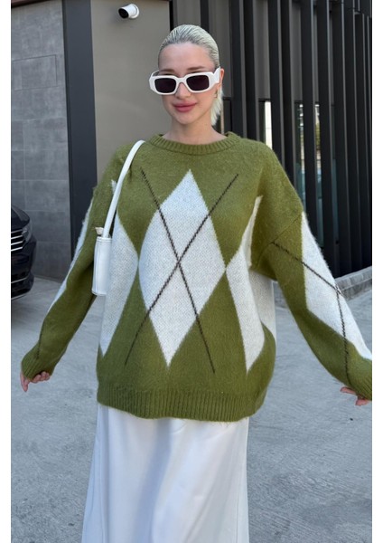 Yağ Yeşili Bisiklet Yaka Baklava Desen Kadın Kazak Mg2471 modelleri