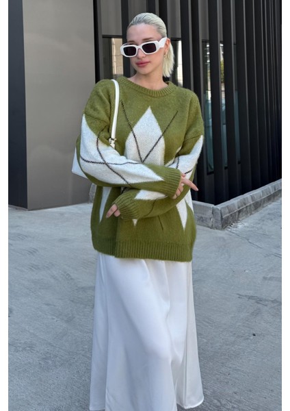 Yağ Yeşili Bisiklet Yaka Baklava Desen Kadın Kazak Mg2471 fırsatları