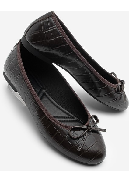 Kadın Yuvarlak Burun Balerin Fiyonklu Günlük Babet Lotvin Kahve Croco