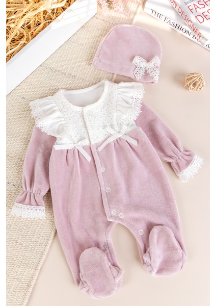 Fiyonklu Kadife Kışlık Kız Bebek Tulum Set