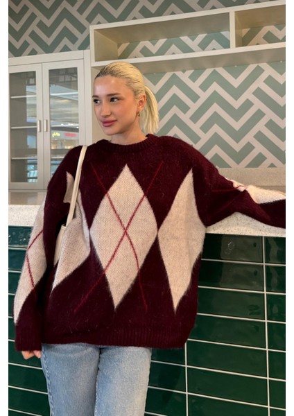 Bordo Bisiklet Yaka Baklava Desen Kadın Kazak Mg2471