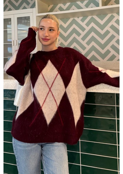 Bordo Bisiklet Yaka Baklava Desen Kadın Kazak Mg2471 fiyatları