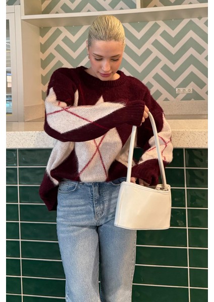 Bordo Bisiklet Yaka Baklava Desen Kadın Kazak Mg2471 modelleri