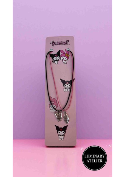 Kuromi & My Melody 2’li Kolye Seti – Pembe & Siyah Ipli, Hediyelik Sevimli Takı