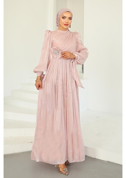 Pilise ve Taşlı Broş Detaylı Yoyo Ipek Tesettür Abiye Elbise Pudra 1244 indirimleri