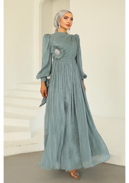 Pilise ve Taşlı Broş Detaylı Yoyo Ipek Tesettür Abiye Elbise Su Yeşili 1244 indirimleri