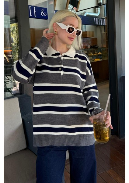 Antrasit Çizgili Düğmeli Polo Yaka Kadın Triko Kazak MG2280