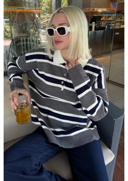 Antrasit Çizgili Düğmeli Polo Yaka Kadın Triko Kazak MG2280 fiyatları