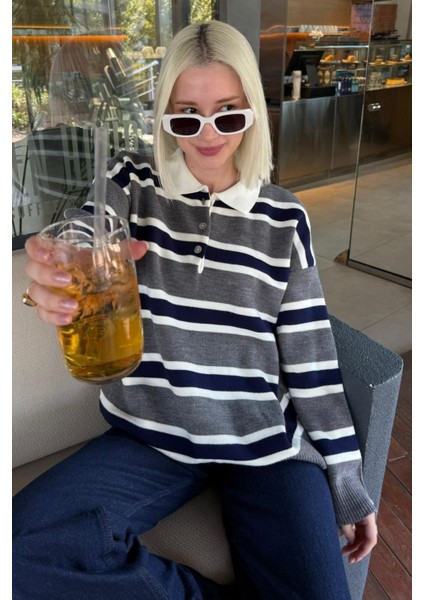 Antrasit Çizgili Düğmeli Polo Yaka Kadın Triko Kazak MG2280 modelleri