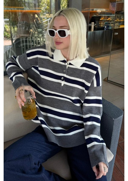 Antrasit Çizgili Düğmeli Polo Yaka Kadın Triko Kazak MG2280 fırsatları