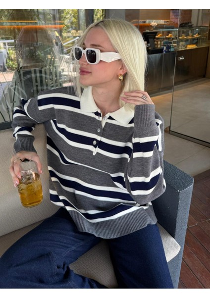 Antrasit Çizgili Düğmeli Polo Yaka Kadın Triko Kazak MG2280 indirimleri