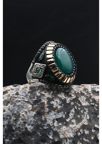 Yeşil Akik Taşlı 925 Ayar Gümüş Erkek Yüzük 902206 fırsatları