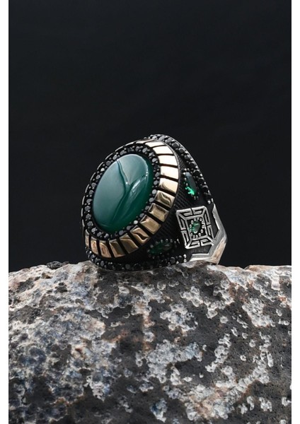 Yeşil Akik Taşlı 925 Ayar Gümüş Erkek Yüzük 902206 indirimleri