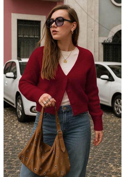 Bordo V Yaka Kadın Triko Hırka MG2462