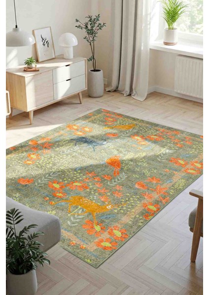 Florart Zeytin Yeşili / Turuncu Doğa Temalı Çiçekli Dokuma Tabanlı Modern Şönil Halı Al 483