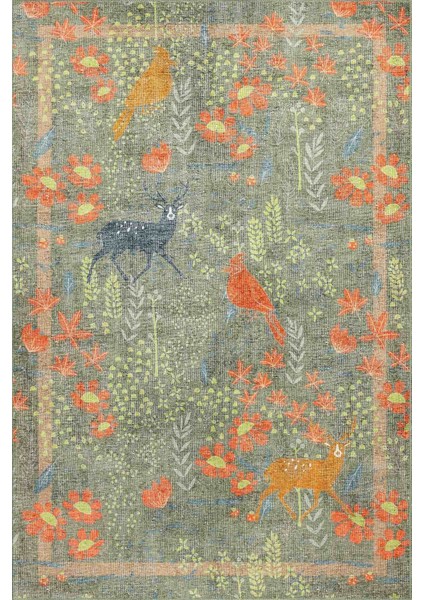 Florart Zeytin Yeşili / Turuncu Doğa Temalı Çiçekli Dokuma Tabanlı Modern Şönil Halı Al 483 fiyatları