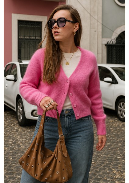 Pembe V Yaka Kadın Triko Hırka MG2462