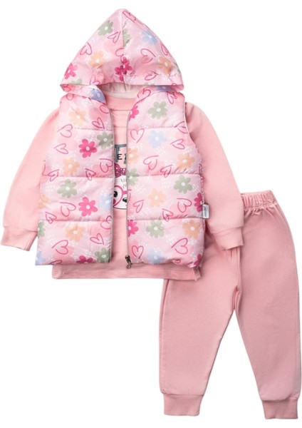 Çiçek Yelekli Kız Bebek Üçlü Takım