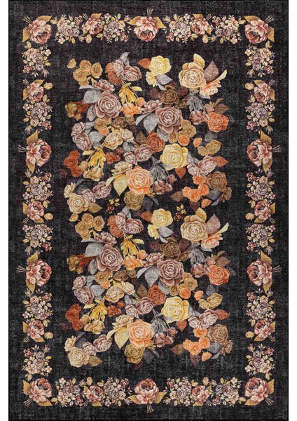Florart Siyah Vintage Dokulu Gül Desenli Dokuma Tabanlı Çiçekli Şönil Halı Al 484 fiyatları