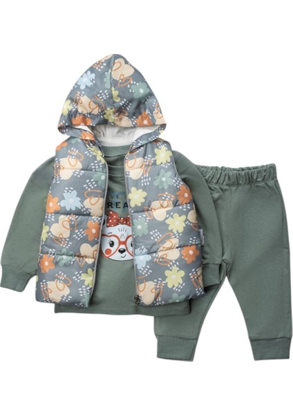 Çiçek Yelekli Kız Bebek Üçlü Takım