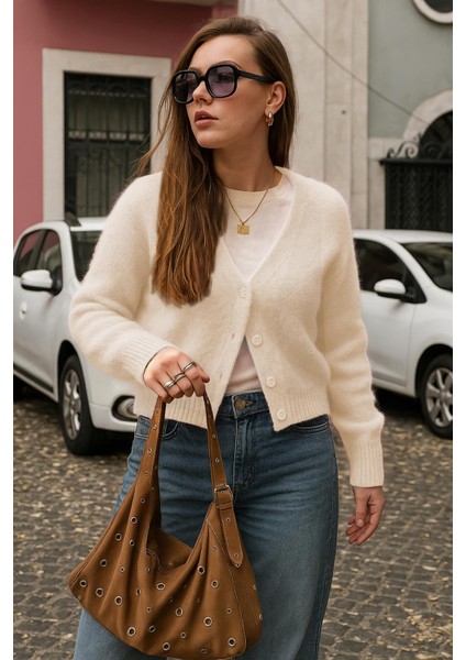 Ekru V Yaka Kadın Triko Hırka MG2462