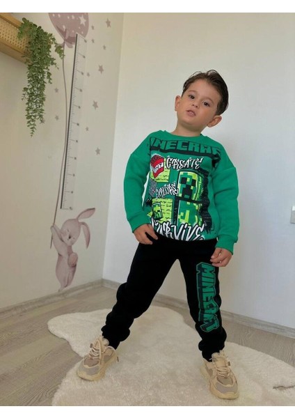 Çizgi Karakter Baskılı Şardonlu Erkek Çocuk Takım 5-6 Yaş - Yeşil