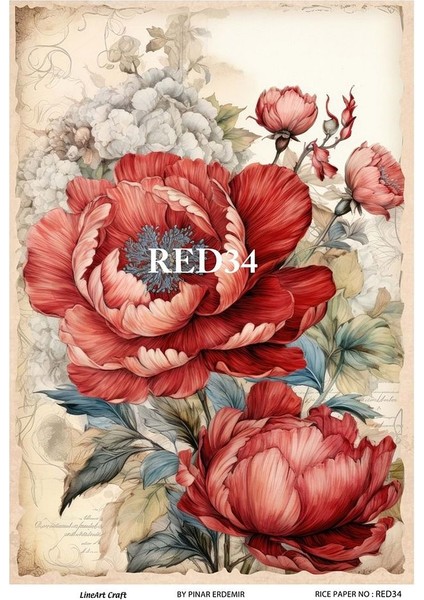Red Serisi RED34 Kırmızı, Çiçek, Kadın Desenli Pirinç Dekopaj 30X42
