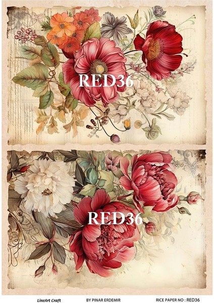 Red Serisi RED36 Kırmızı, Çiçek, Kadın Desenli Pirinç Dekopaj 30X42