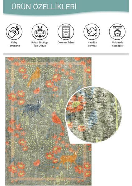 Florart Zeytin Yeşili / Turuncu Doğa Temalı Çiçekli Dokuma Tabanlı Modern Şönil Halı Al 483 fırsatları