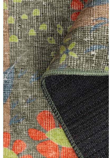 Florart Zeytin Yeşili / Turuncu Doğa Temalı Çiçekli Dokuma Tabanlı Modern Şönil Halı Al 483 indirimleri