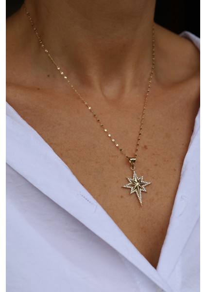 14 Ayar Altın Taşlı ve Gövdesi Bombeli Kutup Yıldızı Kolye Ucu