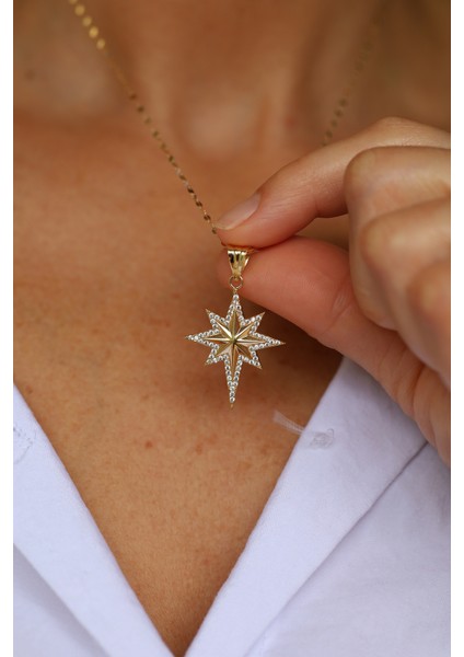 14 Ayar Altın Taşlı ve Gövdesi Bombeli Kutup Yıldızı Kolye Ucu fiyatları