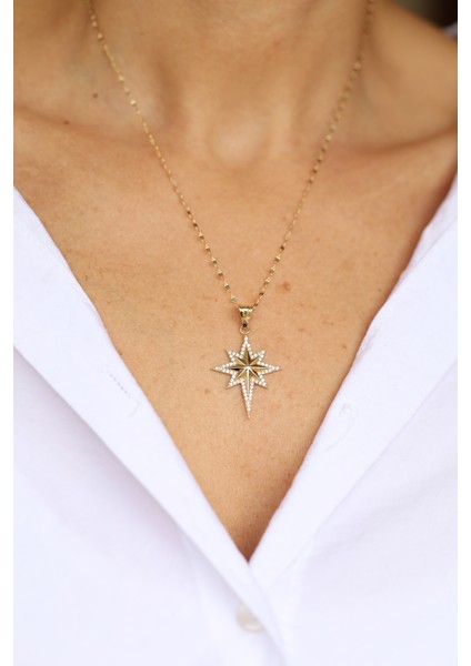 14 Ayar Altın Taşlı ve Gövdesi Bombeli Kutup Yıldızı Kolye Ucu modelleri