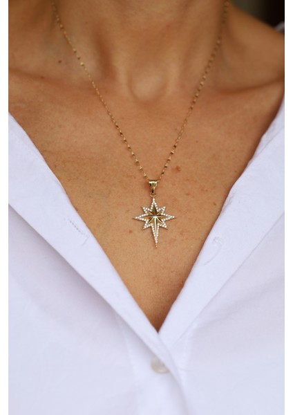 14 Ayar Altın Taşlı ve Gövdesi Bombeli Kutup Yıldızı Kolye Ucu fırsatları