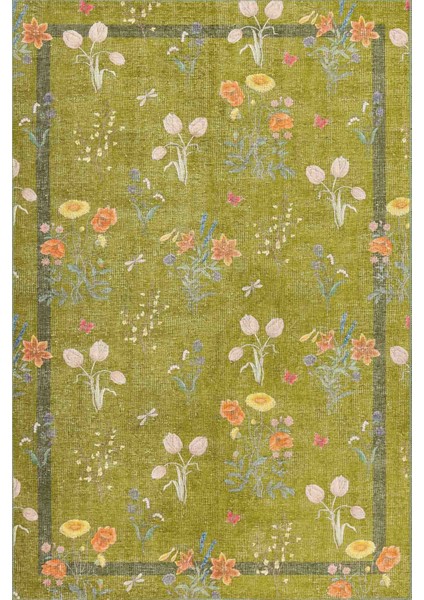 Florart Yeşil / Turuncu Çiçek Desenli Dokuma Tabanlı Modern Şönil Halı Al 482 fiyatları