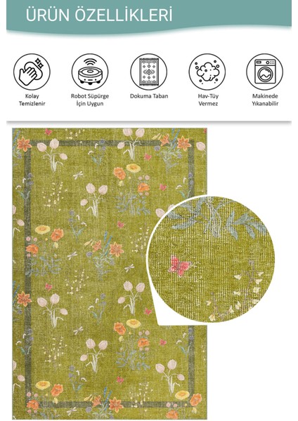 Florart Yeşil / Turuncu Çiçek Desenli Dokuma Tabanlı Modern Şönil Halı Al 482 fırsatları