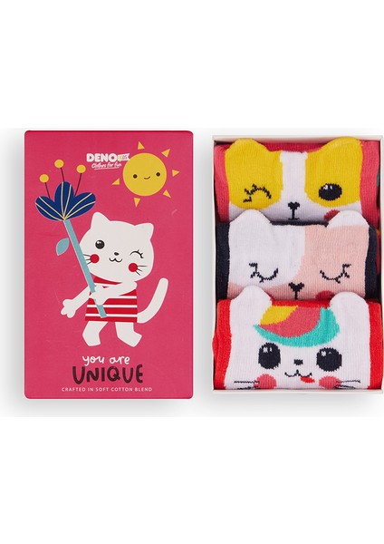 Renkli Kediler Kız Çocuk 3'lü Kutulu Çorap