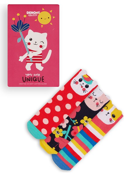 Renkli Kediler Kız Çocuk 3'lü Kutulu Çorap modelleri