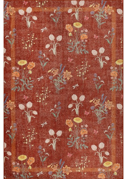 Florart Kiremit / Turuncu Doğa Temalı Çiçekli Dokuma Tabanlı Modern Şönil Halı Al 492 fiyatları