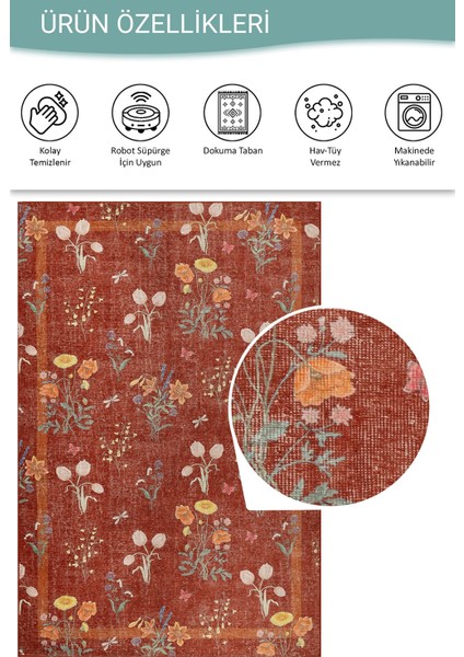 Florart Kiremit / Turuncu Doğa Temalı Çiçekli Dokuma Tabanlı Modern Şönil Halı Al 492 fırsatları