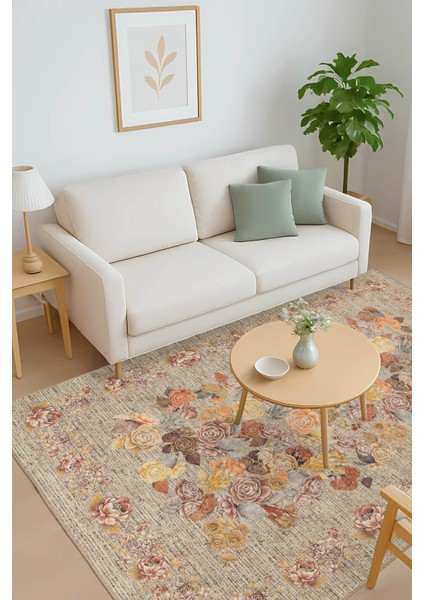 Florart Bej / Sarı Vintage Dokulu Çiçek Desenli Dokuma Tabanlı Şönil Halı Al 471