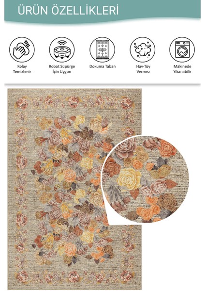 Florart Bej / Sarı Vintage Dokulu Çiçek Desenli Dokuma Tabanlı Şönil Halı Al 471 fırsatları