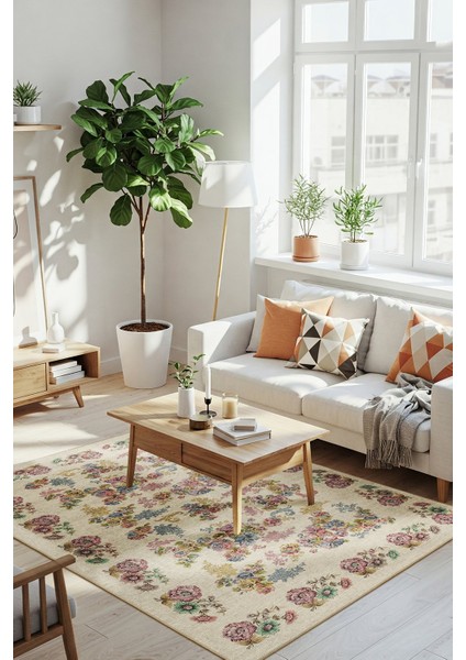 Florart Krem / Çok Renkli Vintage Dokulu Doğa Temalı Çiçekli Dokuma Tabanlı Şönil Halı Al 489