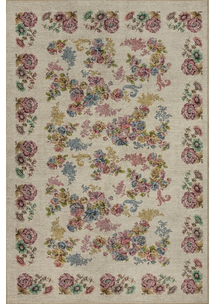 Florart Krem / Çok Renkli Vintage Dokulu Doğa Temalı Çiçekli Dokuma Tabanlı Şönil Halı Al 489 fiyatları